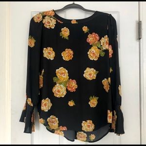 LOFT Gray Floral Blouse with Pleat Cuff Detail